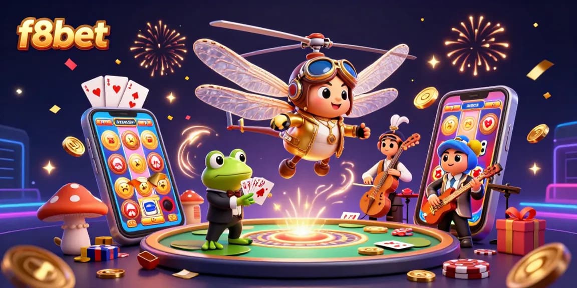 Experience thrilling gameplay at f8bet as our frog croupier deals cards amidst vibrant casino festivities.
