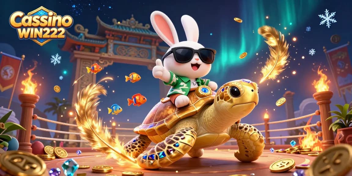 Cassino WIN222 showcases a lucky rabbit and golden turtle in a vibrant casino scene, celebrating the thrill of online gaming.