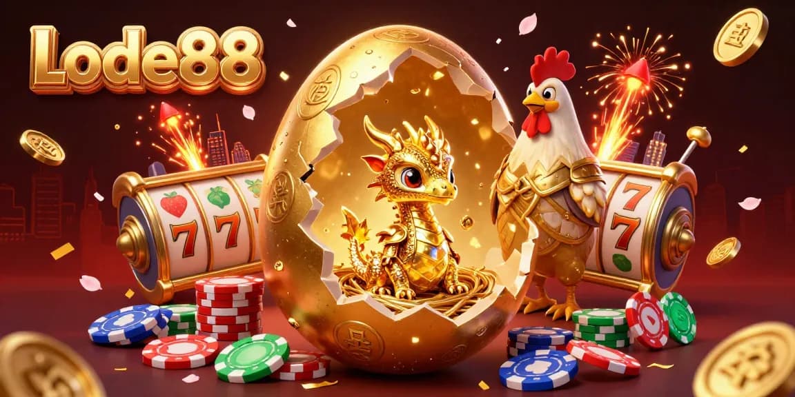 Lode88's captivating scene with a golden dragon amidst vibrant casino elements, set for thrilling gameplay.