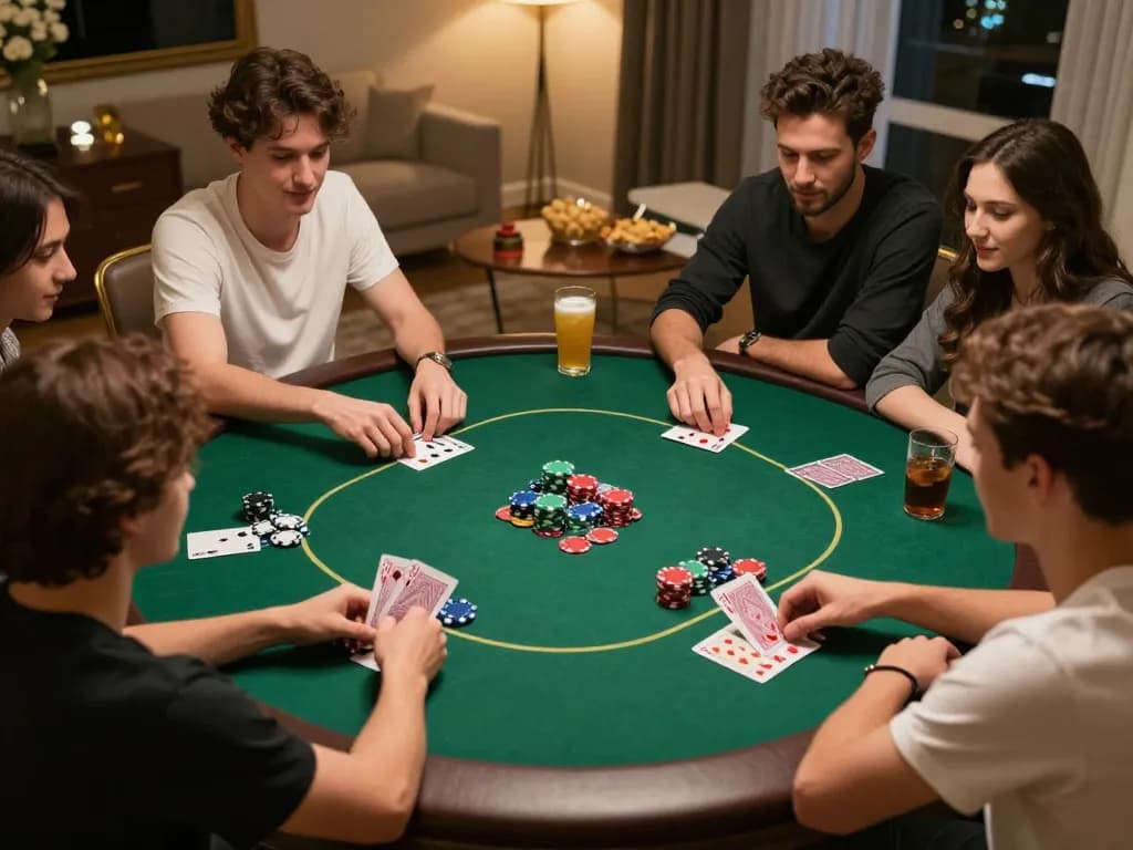 Friends playing poker while enjoying drinks at home, social gaming atmosphere with x333 strategy
