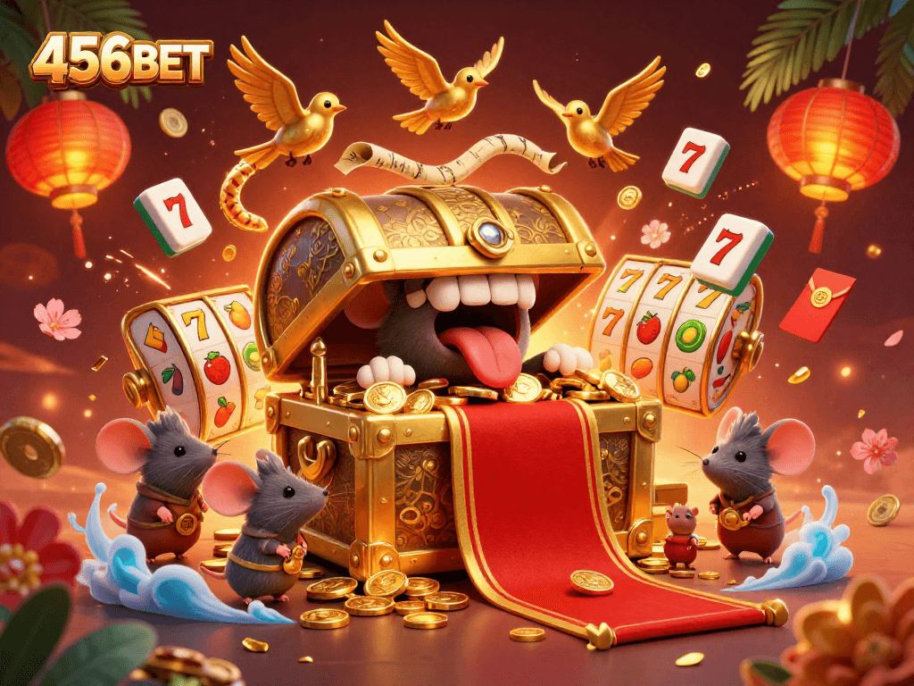 Engage with the exciting slots experience at 456BET, featuring vibrant slot reels and enchanting treasures.