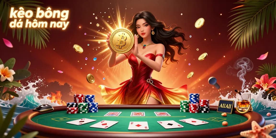 Win exciting bets with kèo bóng đá hôm nay, showcasing a stunning Asian woman holding a golden coin amid vibrant gambling elements.