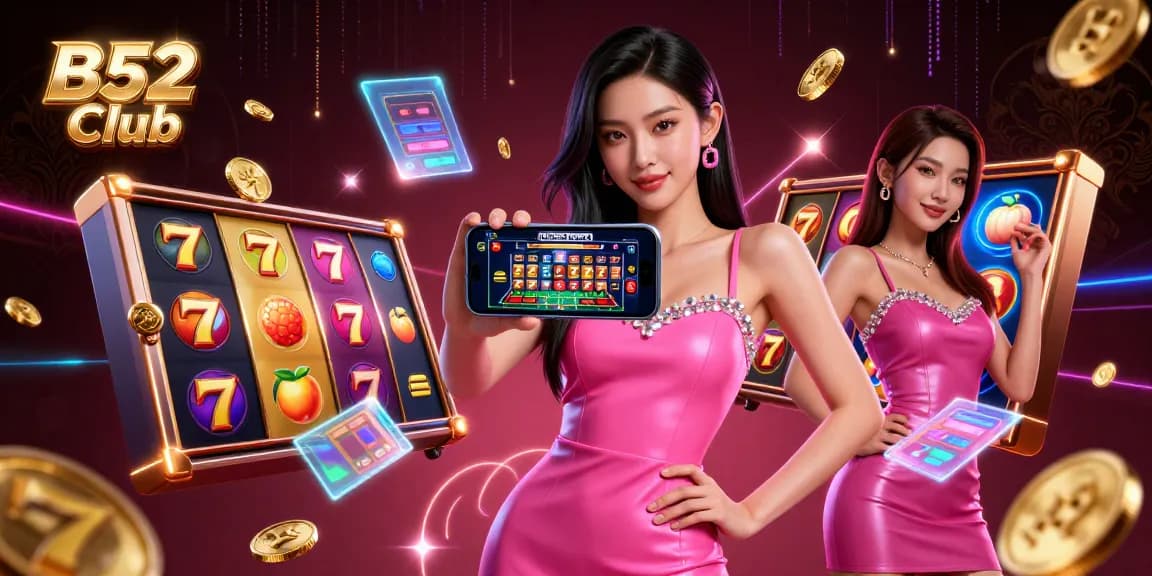 B52 Club captivating illustration showcasing a sophisticated Asian woman engaging with a live dealer casino game on her phone