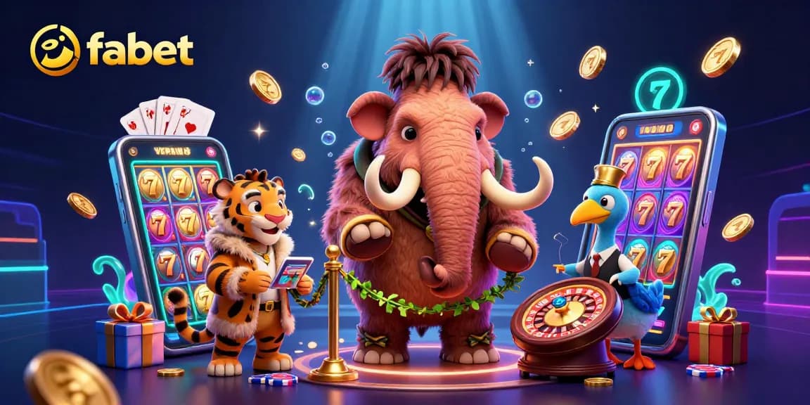 Fabet showcases a 3D casino scene with vibrant characters and dynamic game elements.