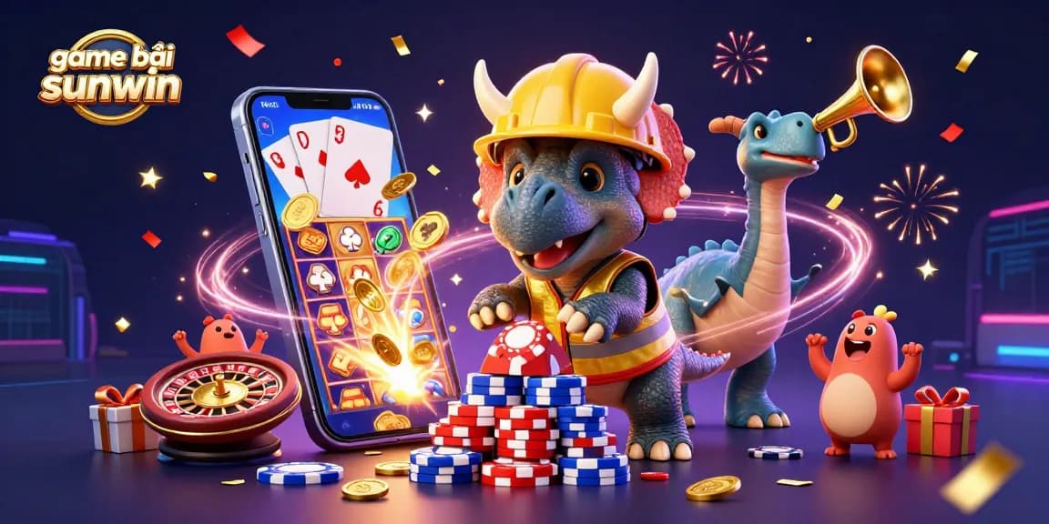Spin to win with game bài sunwin as a triceratops builds poker chip pyramids amidst dynamic casino action.