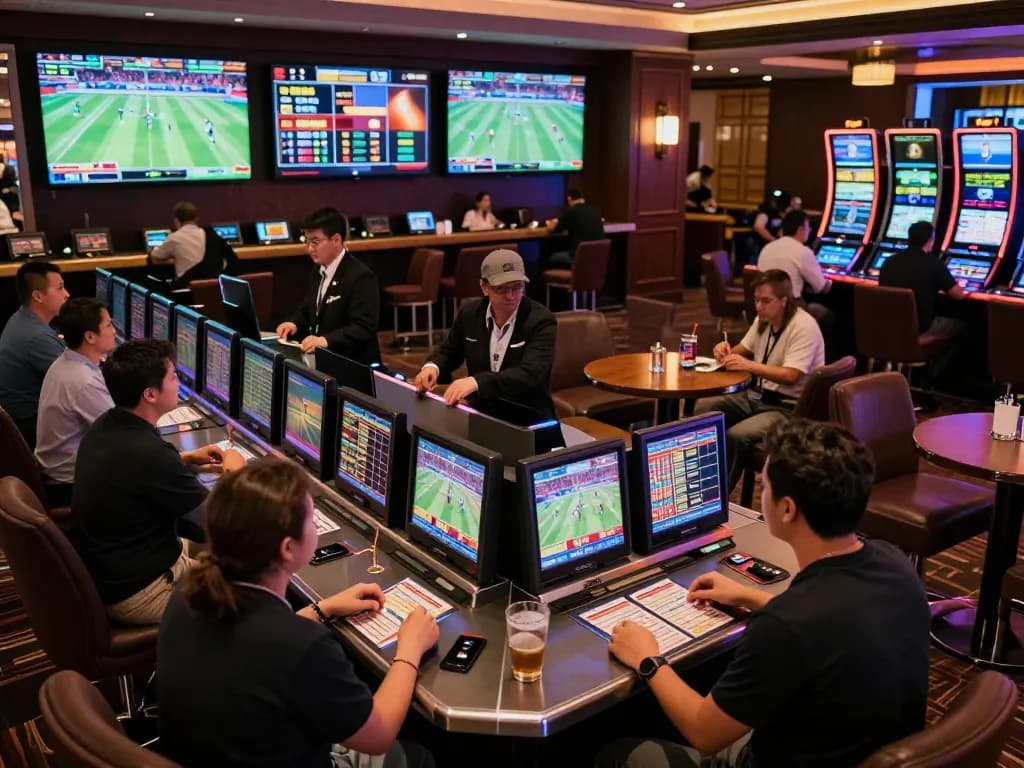 va88 sports betting enthusiasts engaging with live events and betting slips in upscale lounge