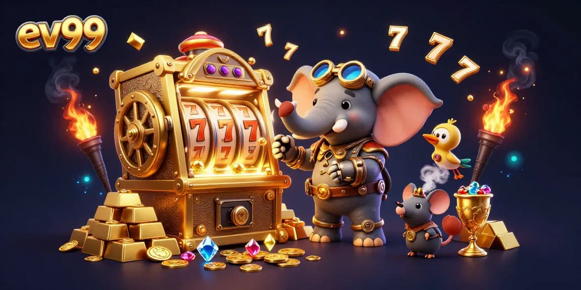 Spin the reels at ev99 with a steampunk elephant engineer operating a golden slot machine surrounded by treasure.