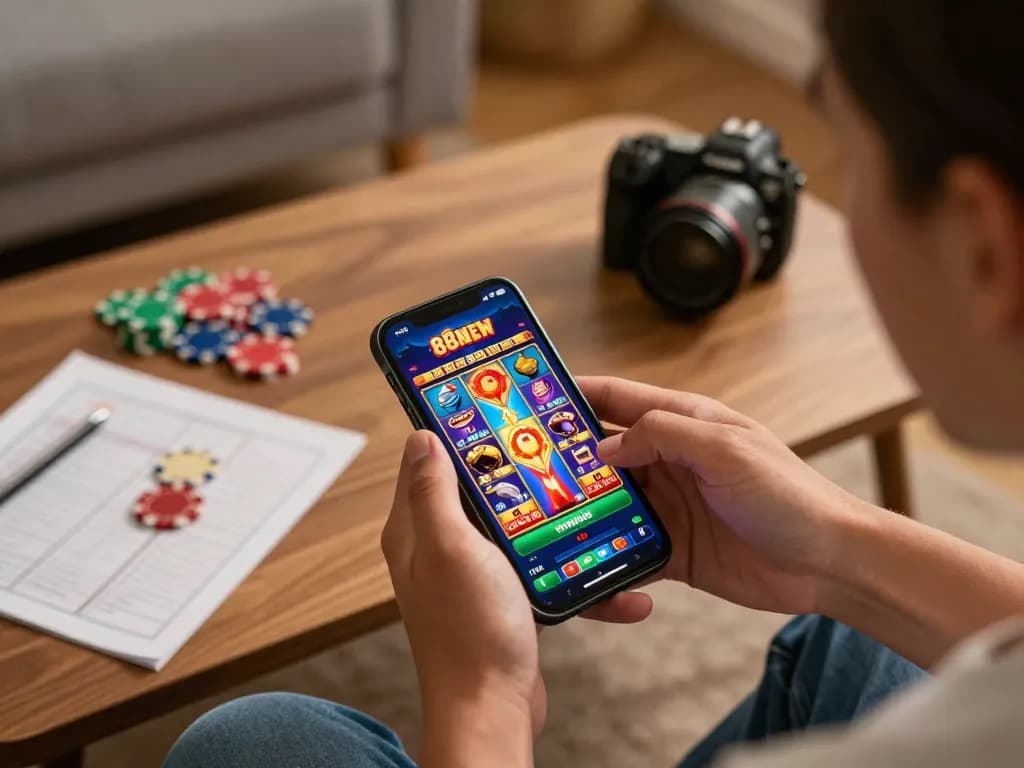 Enjoying a thrilling slot game on the 888NEW app in a cozy home setting with casino chips and strategy notes.