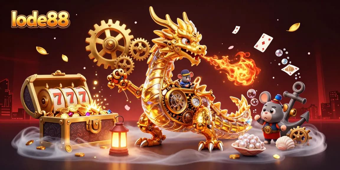 Engage with the lode88 empire, featuring a golden dragon amidst cascading slot reels and treasure!