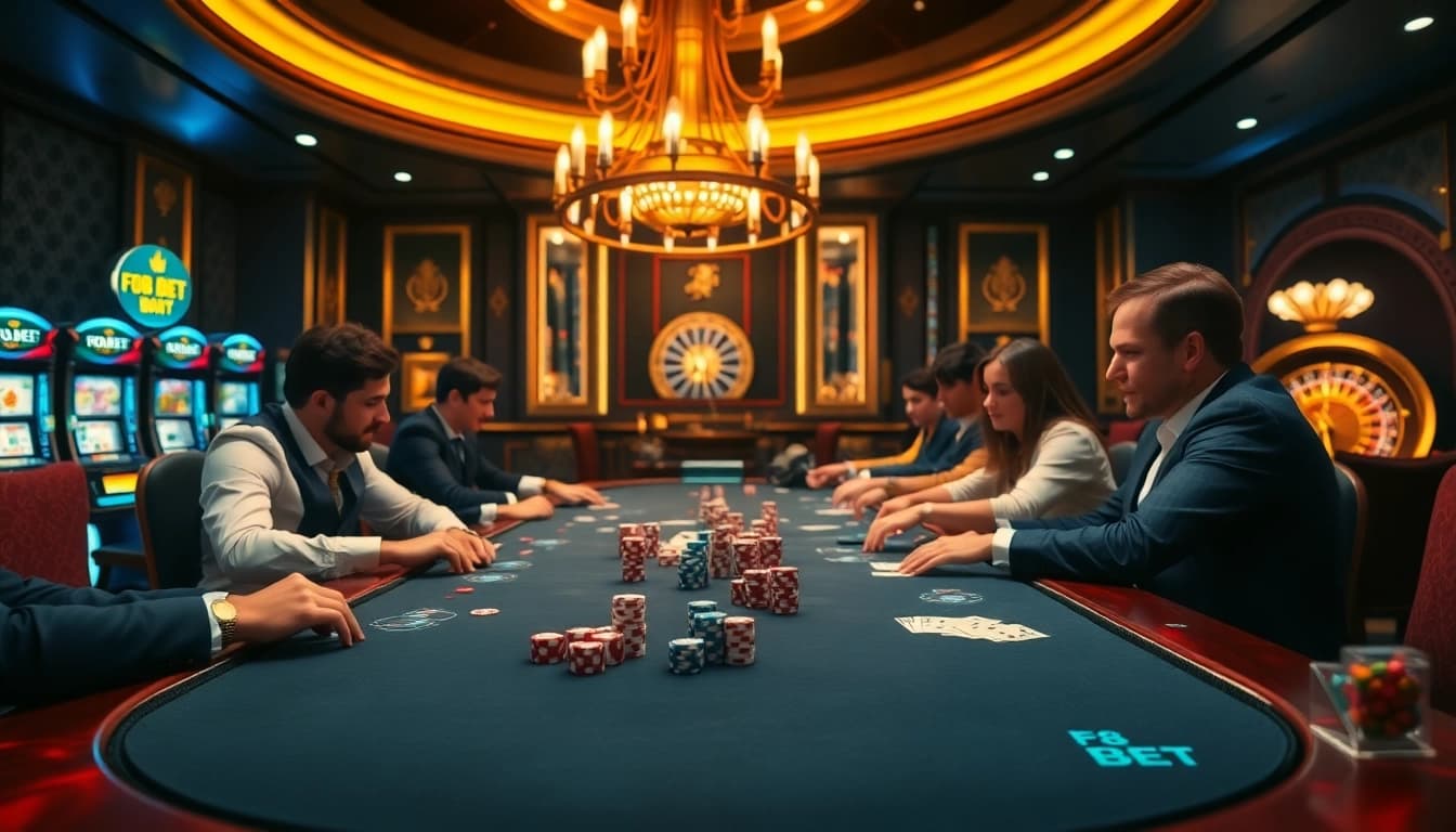 Players enjoying an intense game of F8 BET at an upscale casino table filled with poker chips and cards.