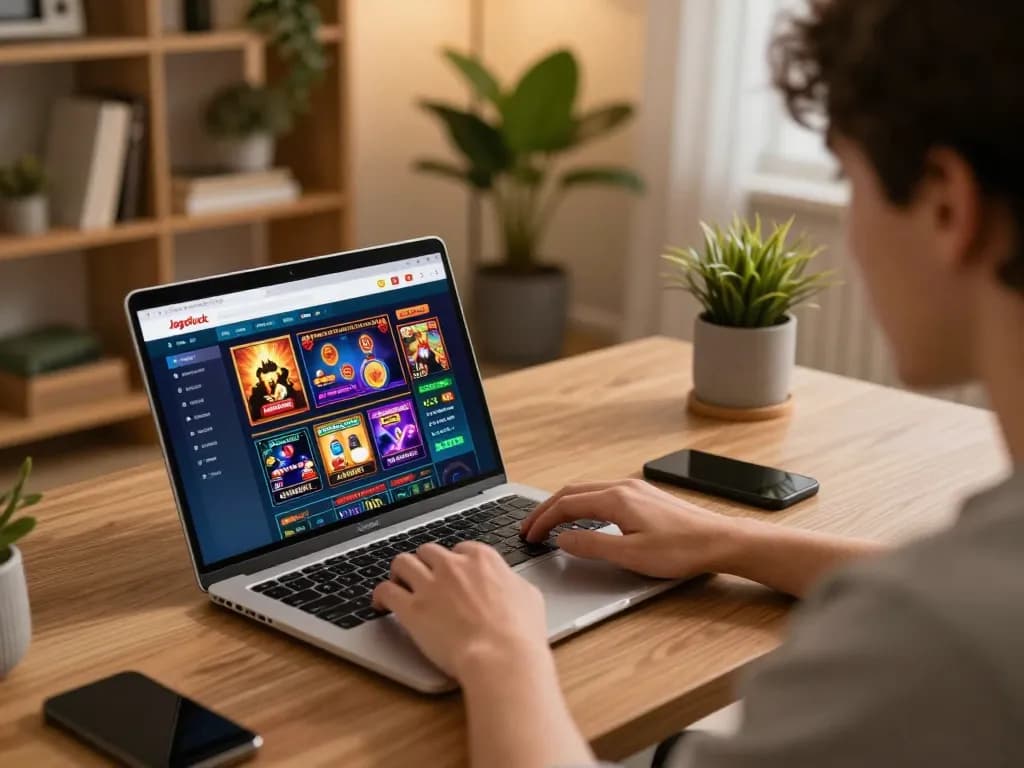 Engaging with Jogoluck's online casino from a cozy home gaming setup.