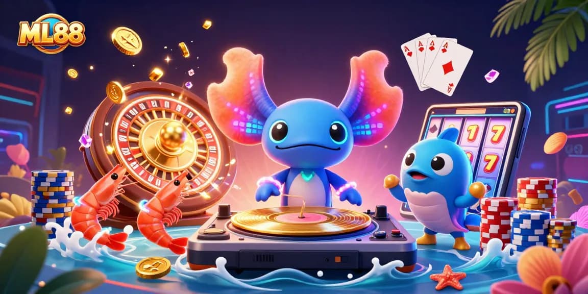 Experience the vibrant world of ML88 with a lively casino scene featuring a DJ axolotl and dazzling game elements.