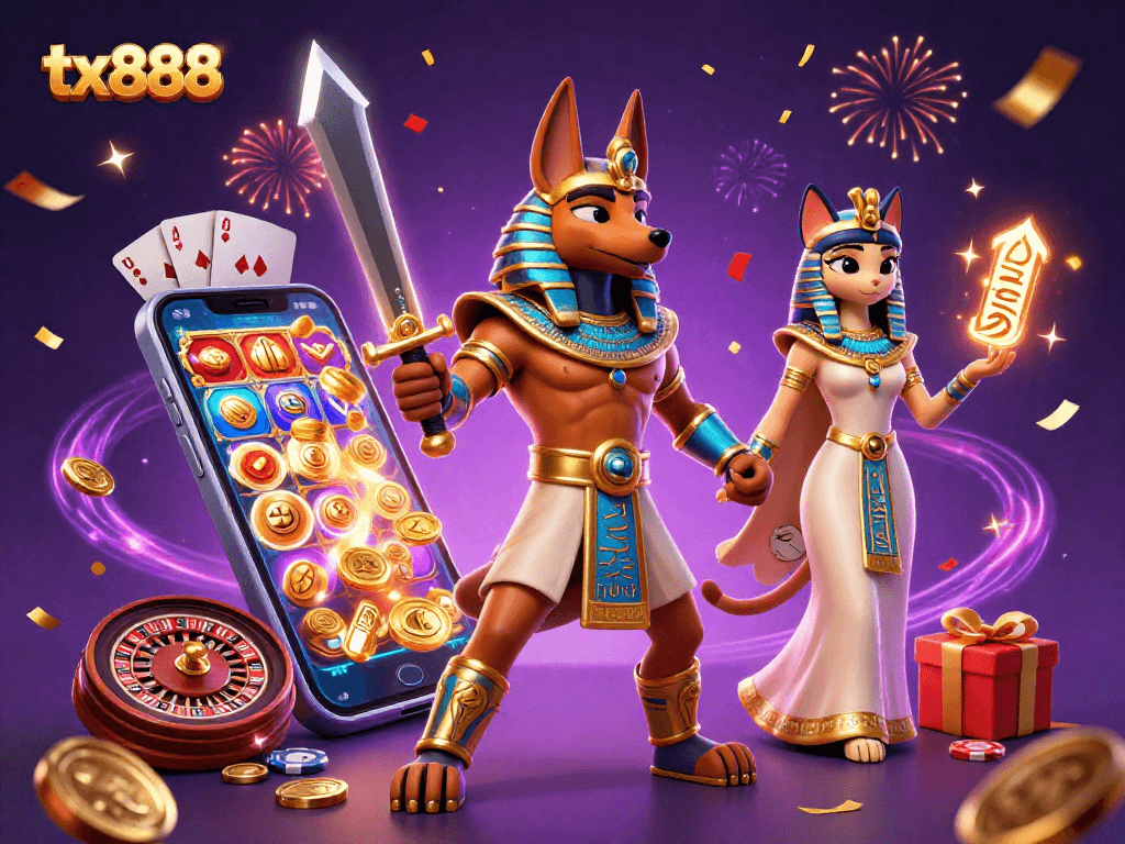 Engage with tx888 in an exhilarating 3D casino scene featuring Anubis and Bastet.