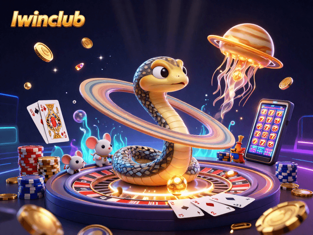 Iwinclub spins cosmic roulette, with cartoon astronauts betting amidst vibrant casino elements