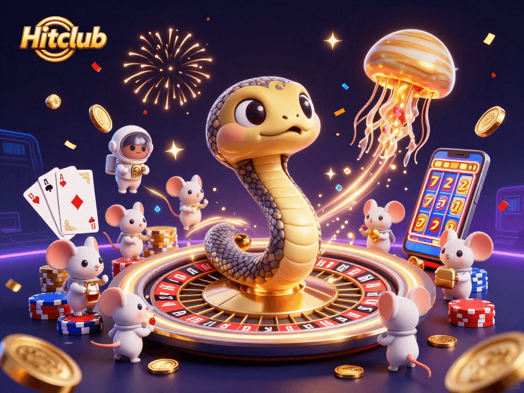 Hitclub showcases cosmic betting with dynamic characters and vibrant casino elements.