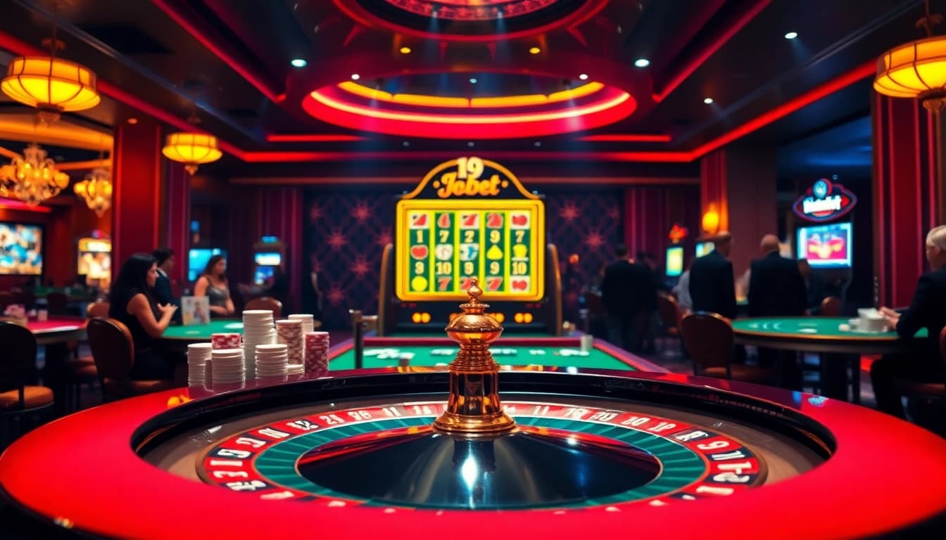 Players enjoying games at i9 bet casino, showcasing vibrant slot machines and poker tables.