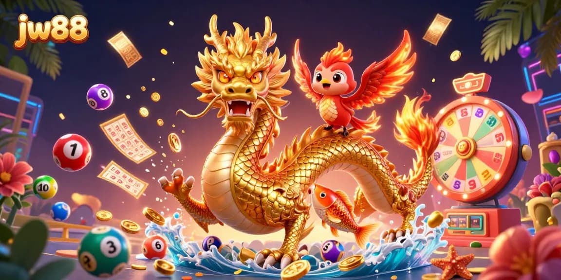 Experience thrilling gameplay with jw88, featuring a dragon, phoenix, and koi fish in a vibrant casino scene.