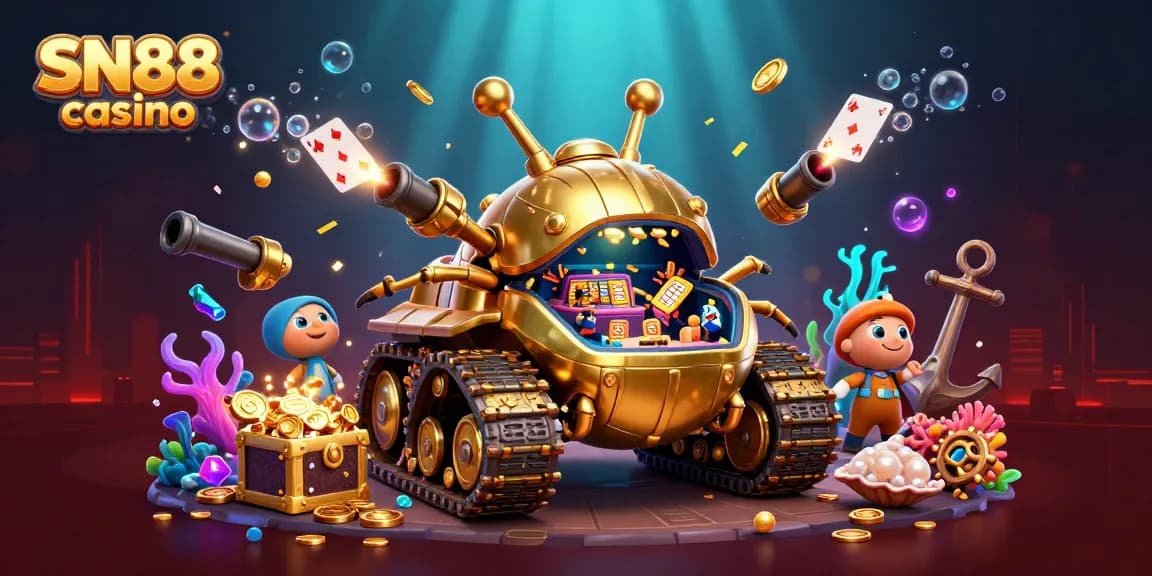 Get ready to win at SN88 casino with a vibrant 3D scene of a golden beetle tank showcasing a lively mini casino, bursting with treasure!