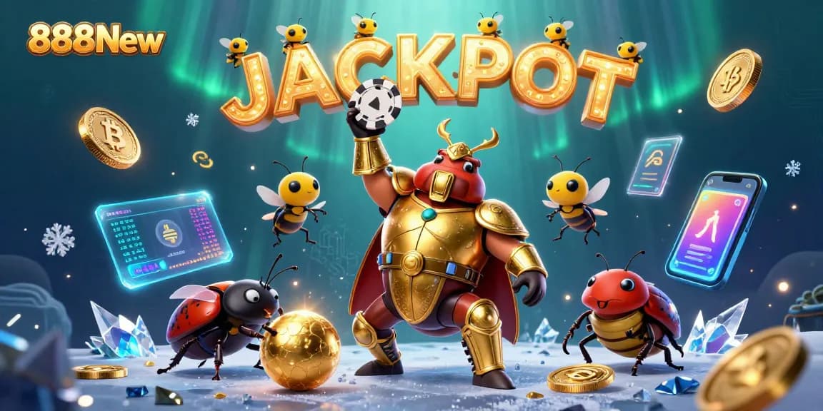 Experience the thrilling world of 888New, where a victorious beetle champion lifts poker chips amidst digital gaming glory.