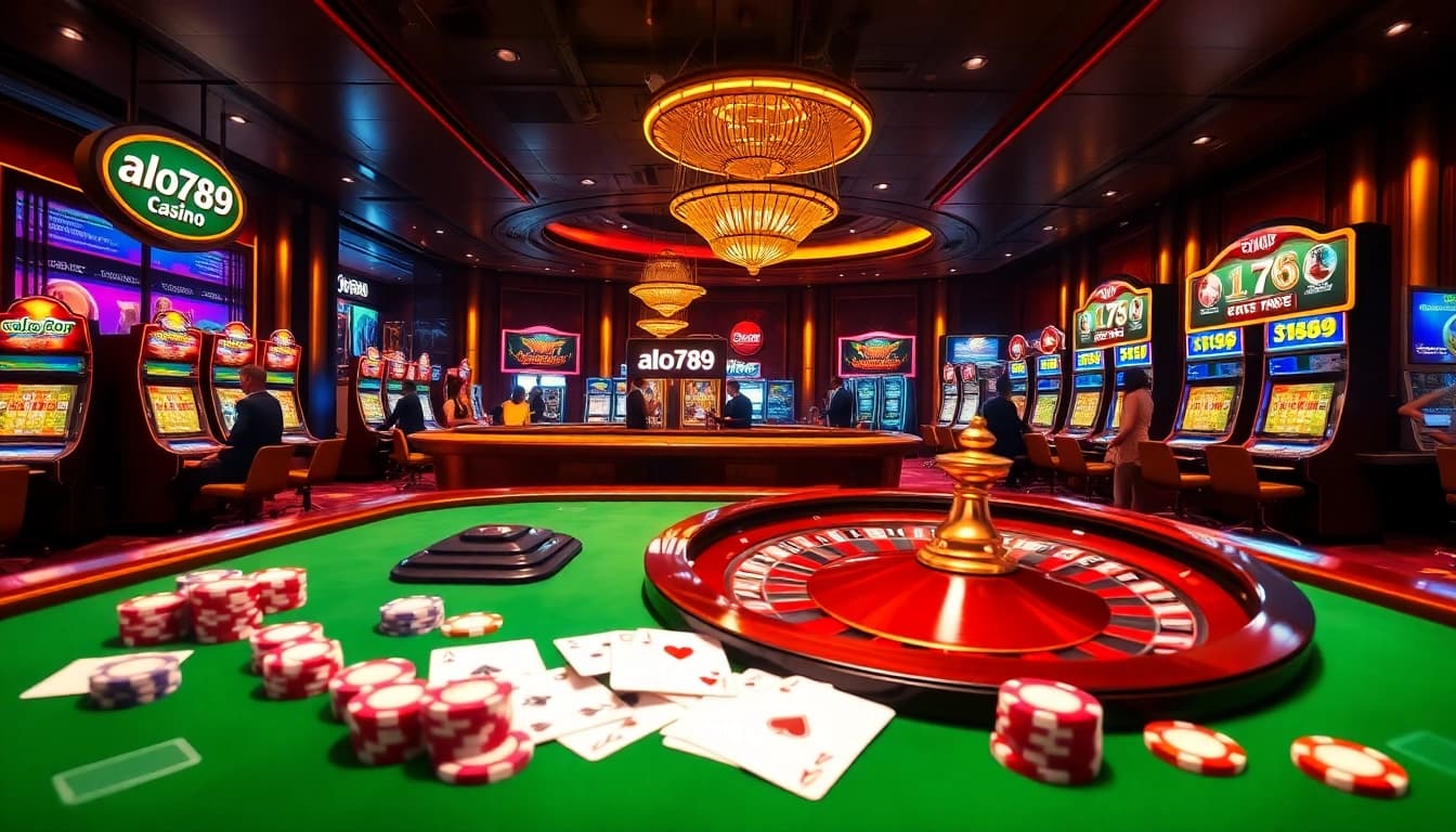 Alo789 online casino scene featuring vibrant players at roulette and poker tables with chips and cards.