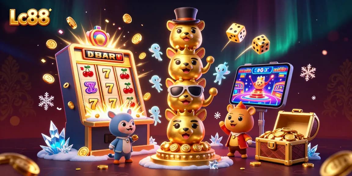 Lc88 showcases a vibrant casino scene with a golden totem pole and dynamic game elements bursting with excitement.