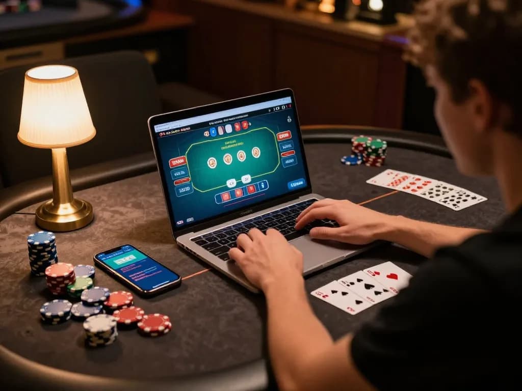 Engaging online poker session at https://uu88.blog/ showing focused player with laptop and gaming accessories.