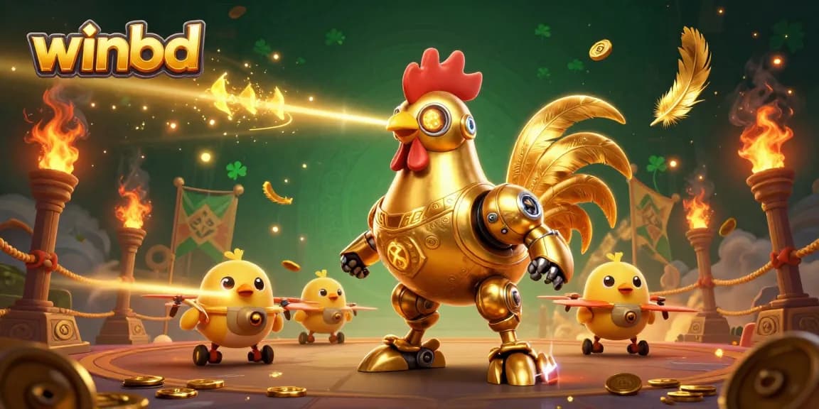 Experience thrilling gameplay with winbd's iconic golden rooster robot and baby chick drones in a vibrant casino scene.