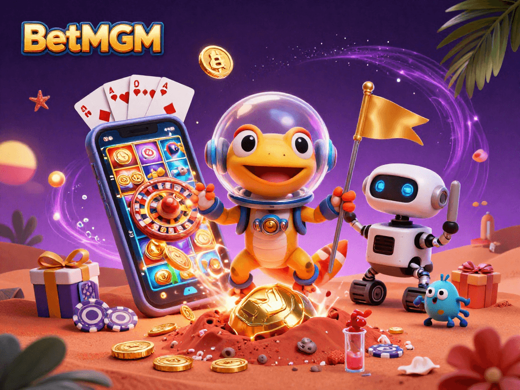 Experience exciting games at BetMGM with a lively Martian casino scene full of vibrant characters.