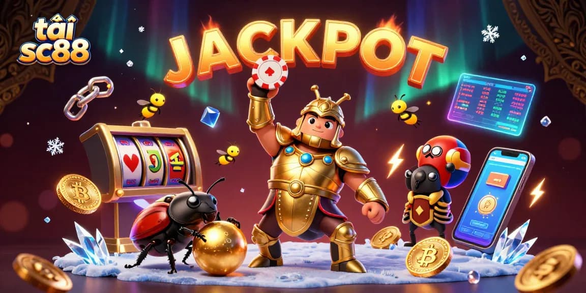 Experience the excitement of tải sc88 with a playful 3D illustration of a victorious beetle lifting a poker chip and dynamic casino elements.