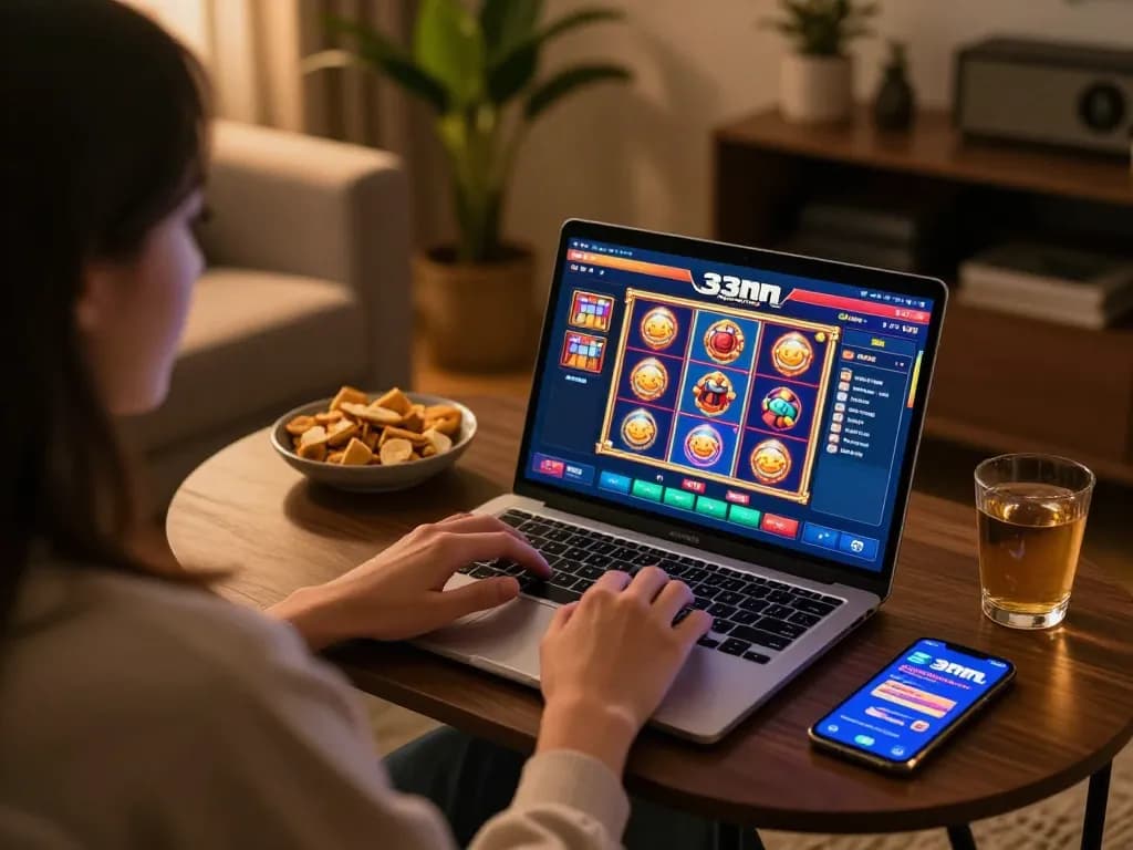 Player enjoying online slots on 33nn casino platform in a cozy home setting.