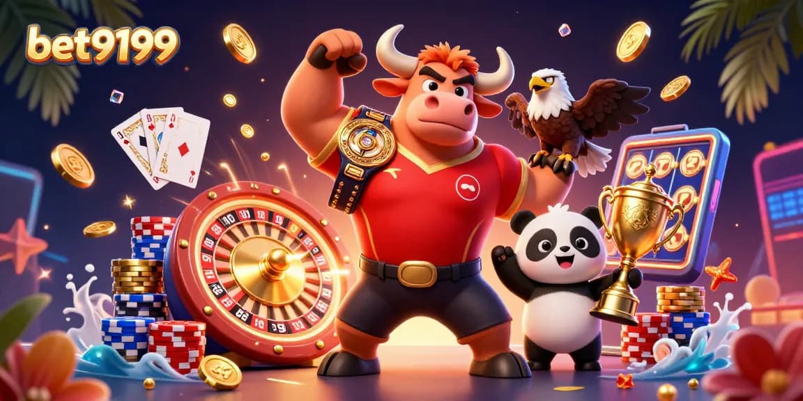 Experience the excitement of bet9199 with a vibrant 3D casino scene featuring engaging characters and games.