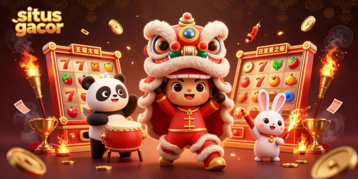 Situs gacor showcases exciting slot machines with characters celebrating amidst festive decorations.