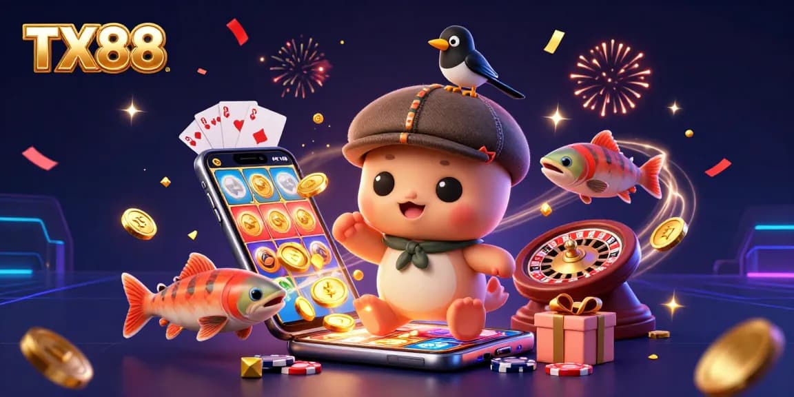 Experience TX88 with playful cartoon characters and vibrant casino elements in this dynamic 3D illustration.