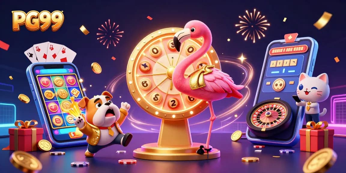 Spin to win big with PG99's lively casino scene featuring exciting game elements and vibrant characters.