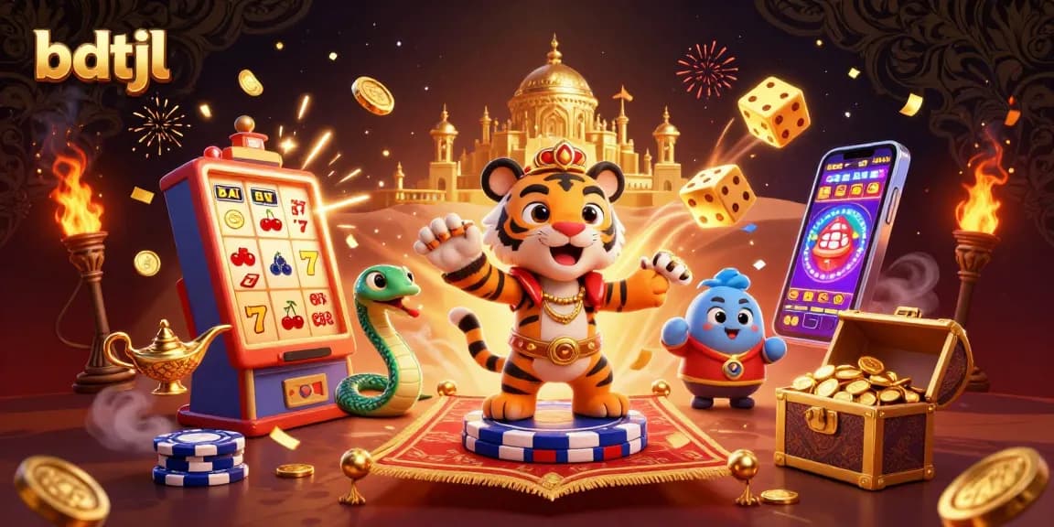 Experience bdtjl's thrilling 3D casino adventure with a tiger sultan and vibrant slot elements.