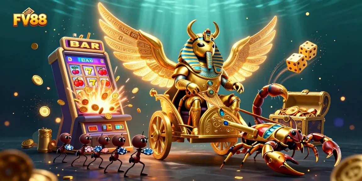 Engage in the vibrant world of FV88 with a dynamic 3D illustration showcasing thrilling casino elements.