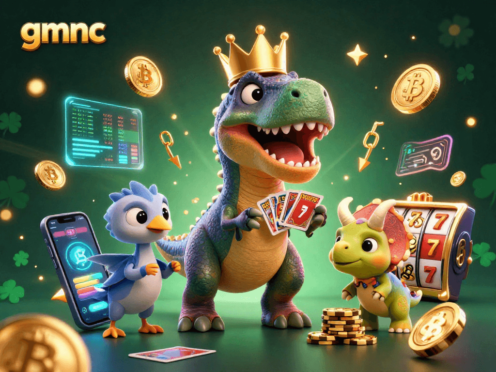 Engage with gmnc as T-Rex plays cards and triceratops stacks chips in a vibrant casino scene.