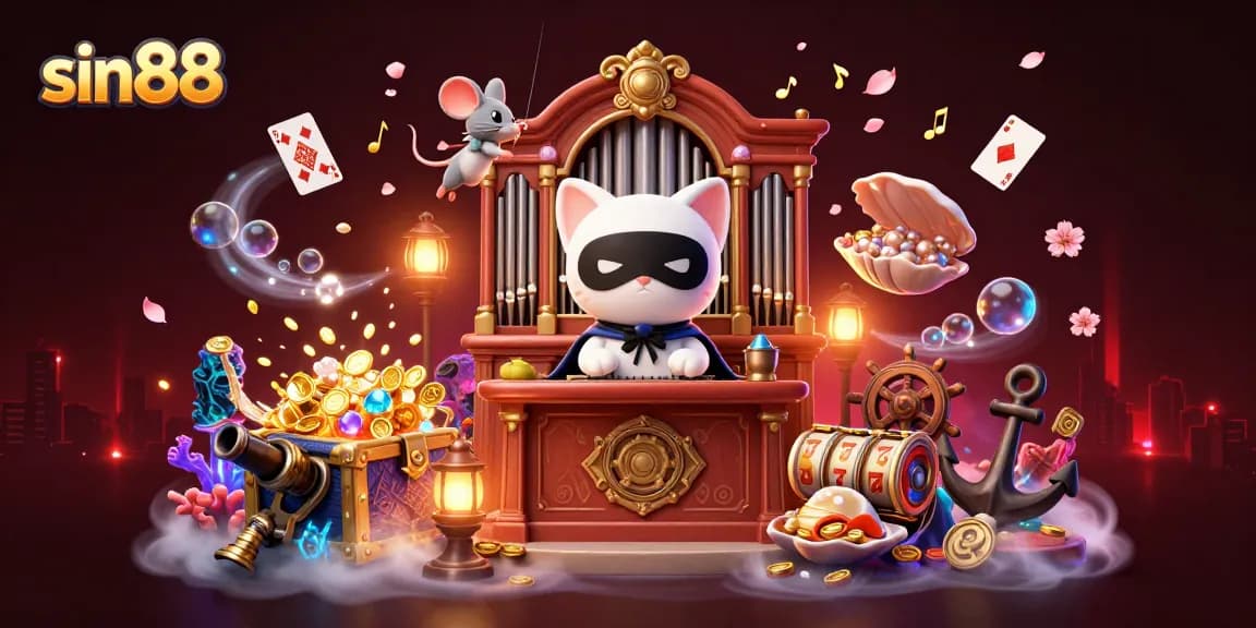 sin88 casino illustration featuring a charming phantom cat at an ornate organ, bursting with gold coins and treasures