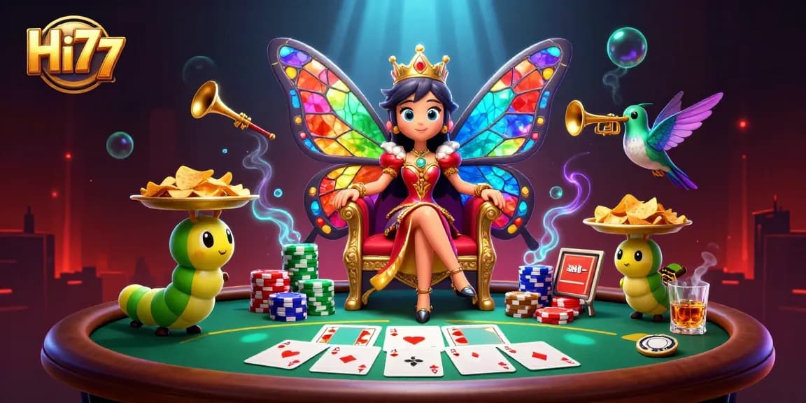 Experience vibrant gaming action with Hi77's thrilling poker scene featuring a butterfly queen.