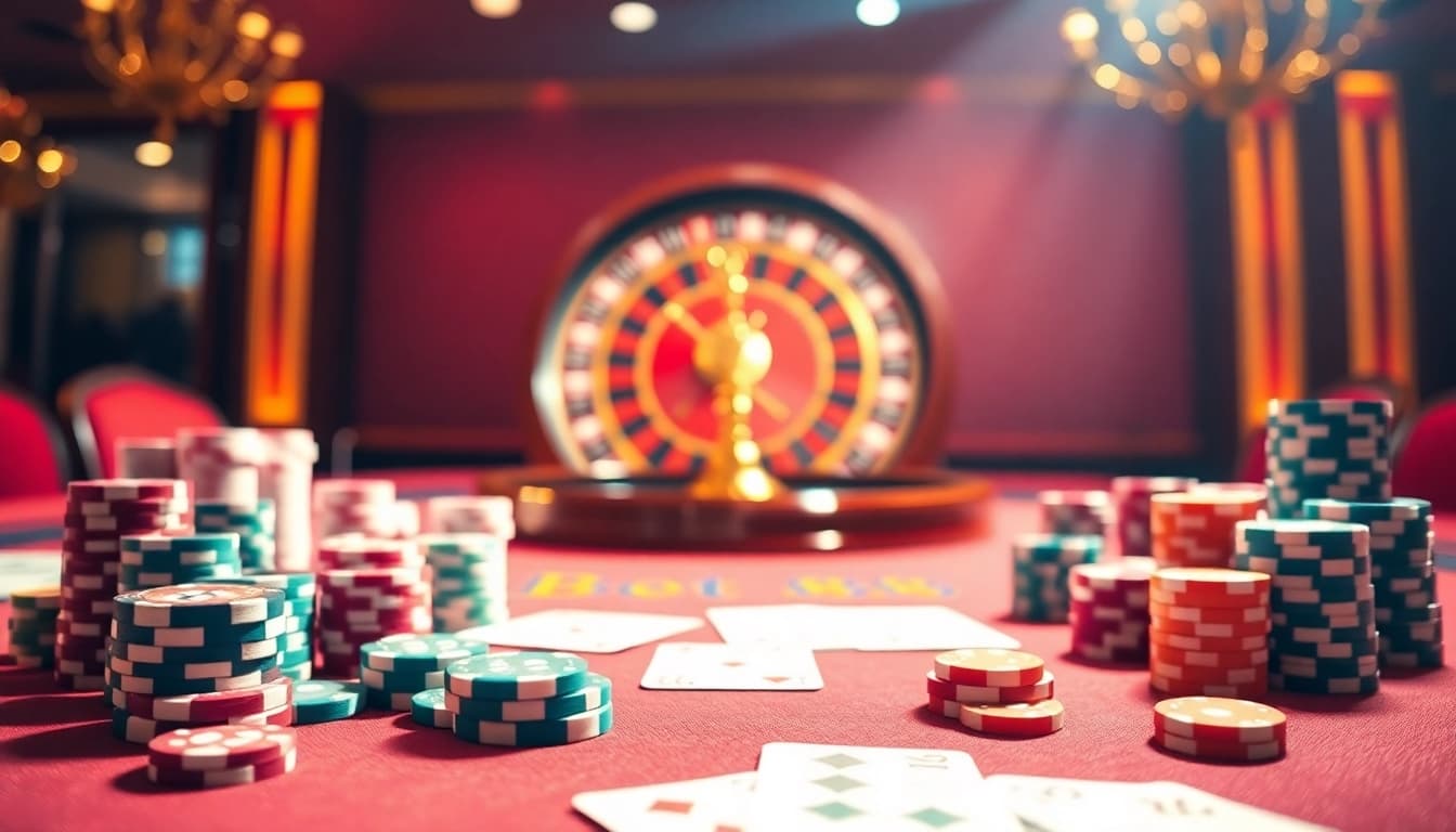 Engaging gaming scene at Bet 88's luxurious casino showcasing poker, dice, and roulette.