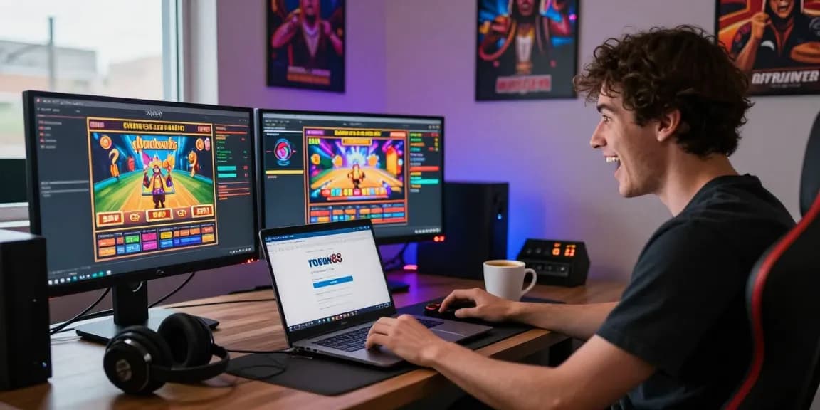Excited user engaging with the rokok88 login on a vibrant gaming desk setup