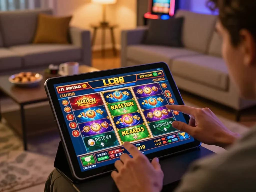 Engaging with LC88 online casino on a tablet in a cozy home setting, showcasing gameplay excitement.