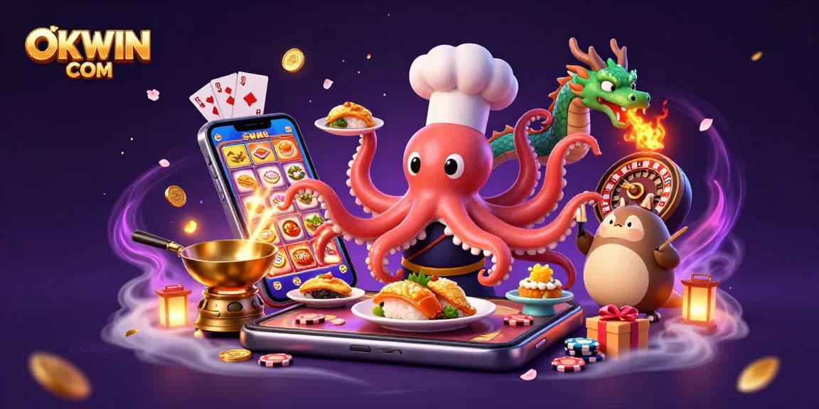 Play thrilling games at OKWIN COM with a vibrant scene showcasing casino elements and exciting characters.