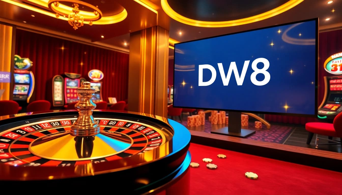 Engage with DW8's thrilling interactive casino interface, featuring a vibrant roulette wheel and gaming elements.