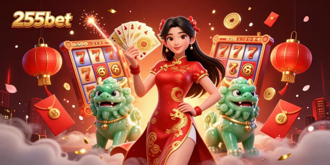 Cena empolgante e vibrante mostrando a 255bet com um personagem estiloso e elementos de cassino.