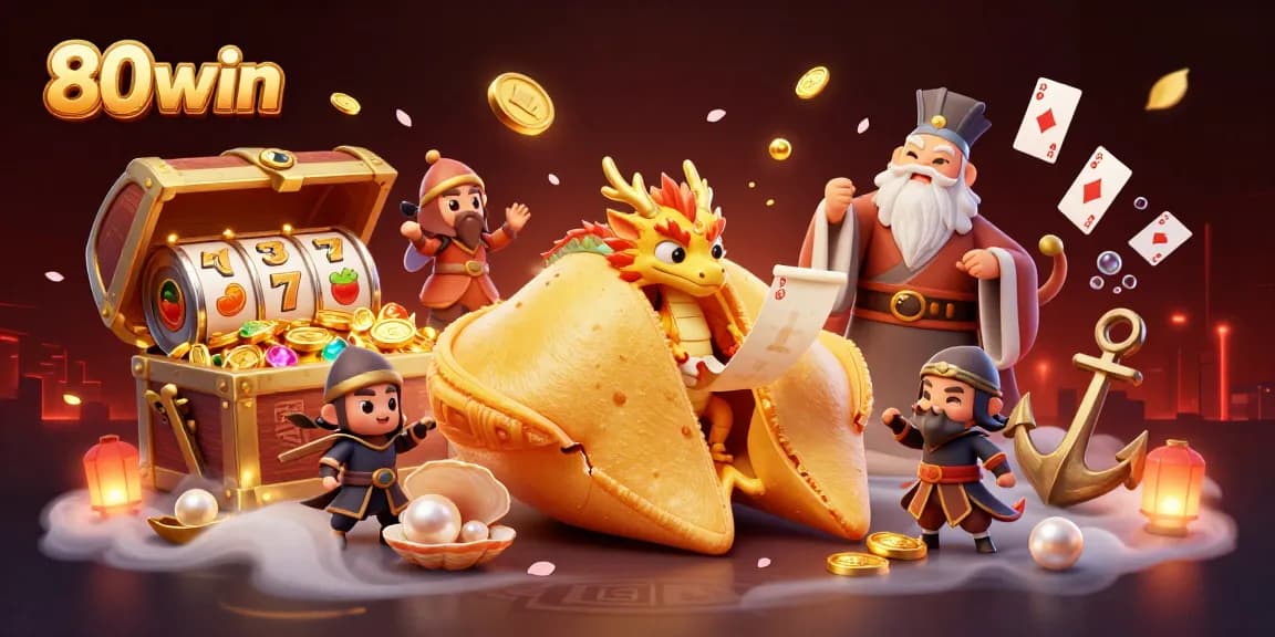 Spin and win with 80win's vibrant casino illustration featuring a golden cookie and lucky dragon