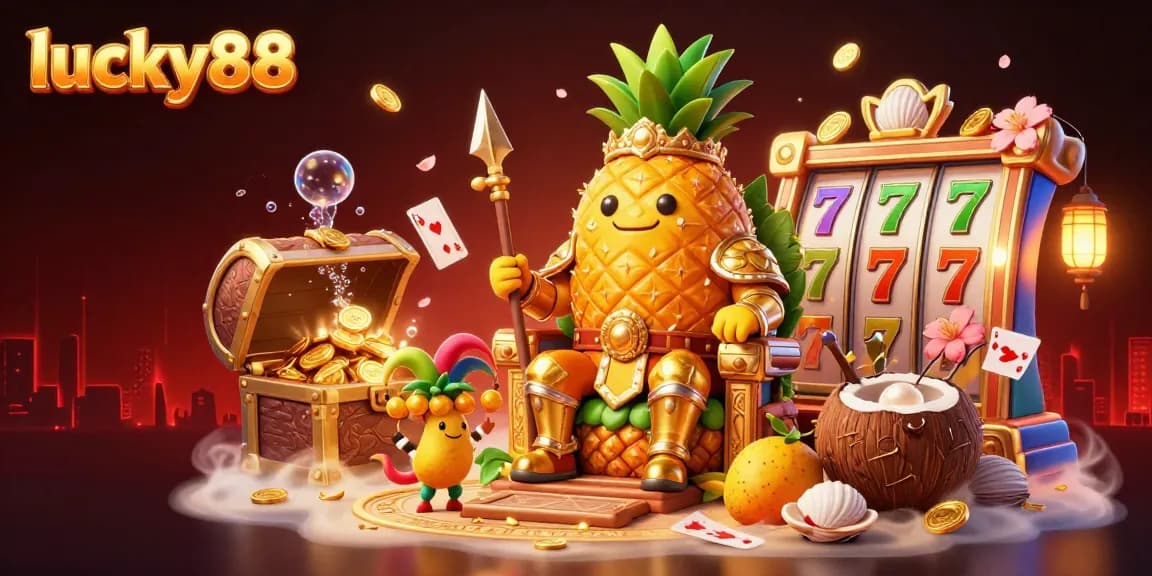 Experience the excitement of lucky88 with vibrant 3D illustrations featuring colorful slot reels and dynamic casino elements.