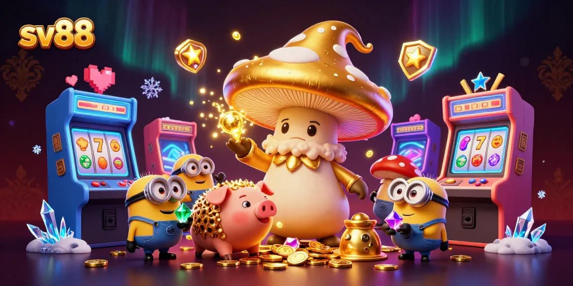 sv88's golden mushroom wizard and friends celebrate jackpot wins amid vibrant casino visuals.