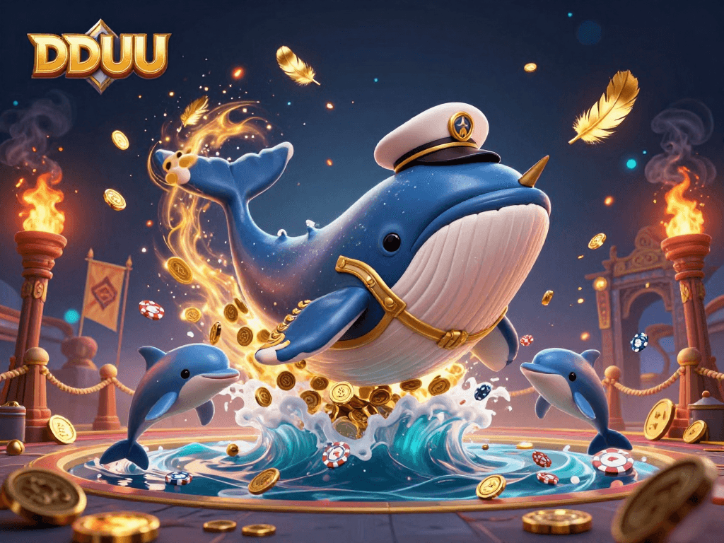 Experience explosive gaming excitement with DDUU, featuring a cartoon whale and vibrant casino elements.