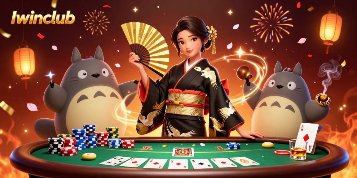 Iwinclub offers thrilling poker scenes with an elegant woman and a tanuki enjoying the casino atmosphere.